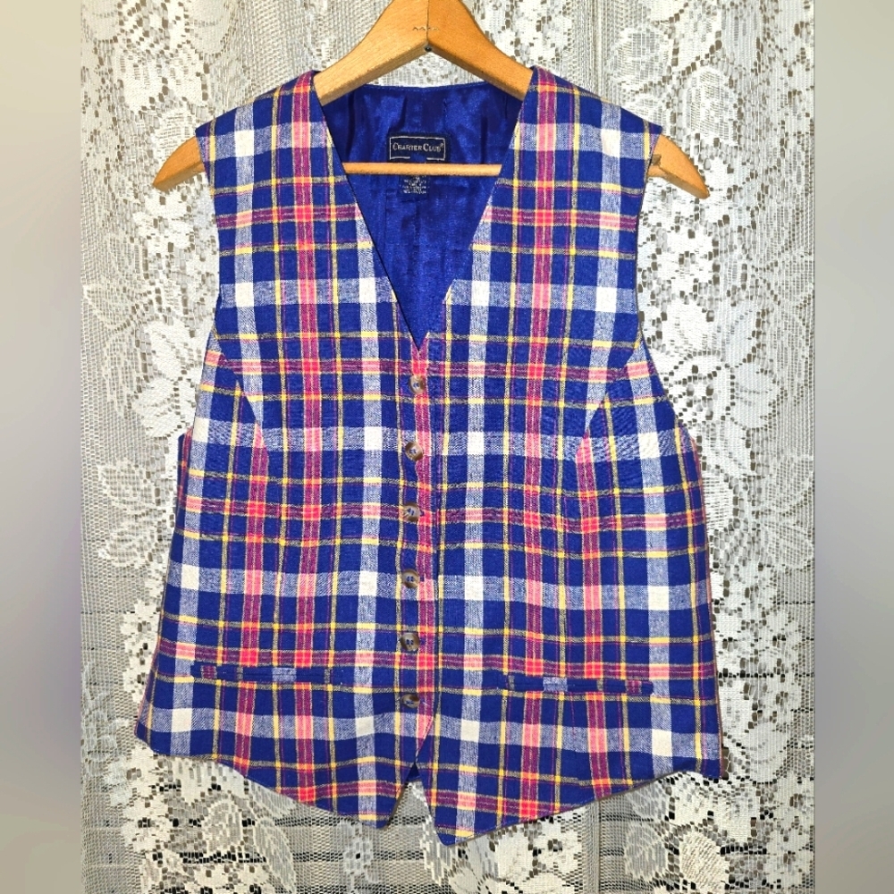 Charter Club, Red And Blue Plaid Vest, 2K Vintage, Button Down Linen Vest, Large